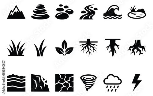 Graphic icon set featuring various natural elements and weather conditions for environmental and conceptual design