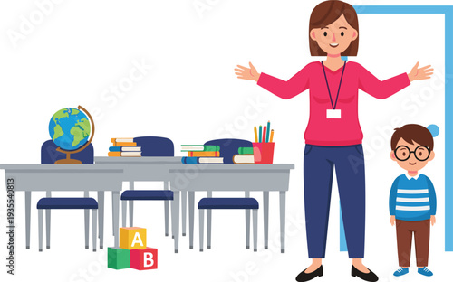 Female Teacher with Student in Classroom Vector Illustration Back to School Education Theme