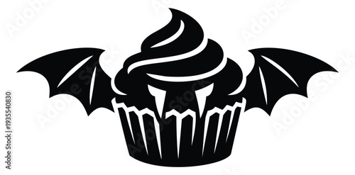 Spooky graphic illustration of a cupcake depicting bat wings and vampire fangs for halloween celebration