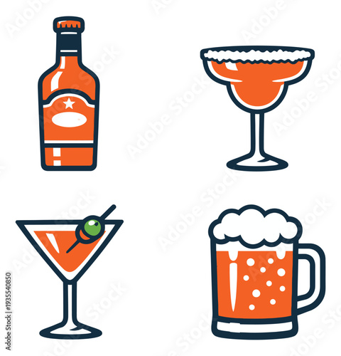 Line art alcoholic beverages set featuring a bottle, margarita glass, martini, and beer mug for parties and menus