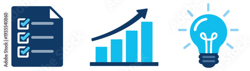 Modern flat icon set featuring a checklist document, an upward trending bar chart, and a glowing lightbulb for business planning and success