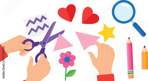 Crafting and Creativity Tools with Scissors, Colorful Shapes, and Pencils for Arts and Crafts Projects, Paper Decorations, and DIY Activities