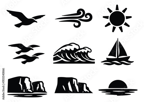 Simple silhouette coastal and weather icon set featuring sea birds, waves, wind, sun, cliffs, and a sailboat for nature, travel, and marine designs