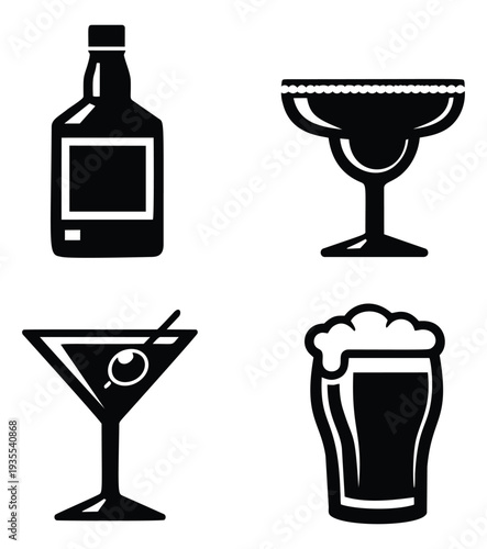 Graphic alcoholic beverages set featuring a liquor bottle, margarita glass, martini glass, and beer glass for bar menus and celebration events