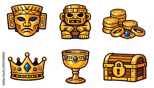 Cartoon treasure set featuring golden masks, ancient idols, and valuable items for adventure games