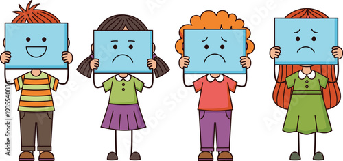 Cartoon Kids Holding Emotion Cards Vector Illustration Set Showing Happy and Sad Feelings