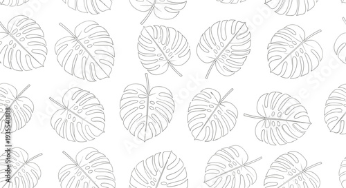 Simple seamless pattern featuring black outline drawings of monstera leaves scattered across a plain white background.