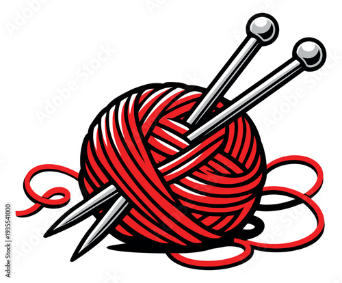 Graphic illustration of a yarn ball depicting knitting needles for hobby crafts