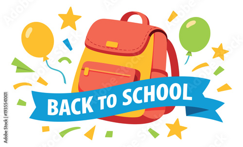 Bright flat design illustration of a school backpack and 'Back to School' ribbon surrounded by festive elements for educational promotions