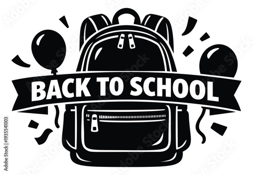 Graphic illustration of a backpack depicting a 'back to school' banner with balloons and confetti for educational promotions