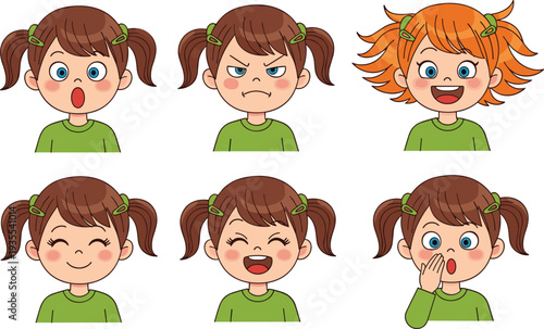 Cute Cartoon Girl Facial Expressions Vector Illustration Set Showing Emotions and Reactions