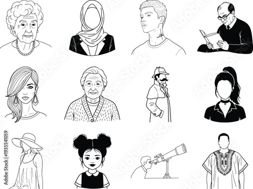 Black and white of people from different ages and professions