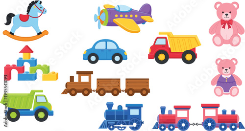 Cute Cartoon Toy Collection Vector Illustration with Cars, Train, Airplane and Teddy Bear