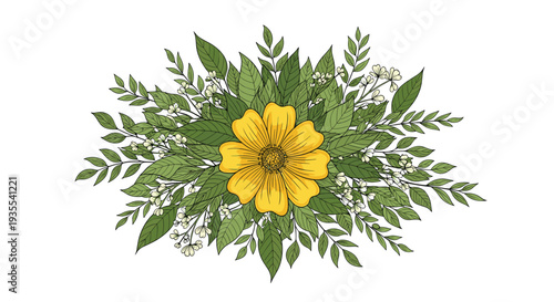 Beautifully detailed botanical illustration of a single large yellow flower nestled in lush green leaves and white blossoms.