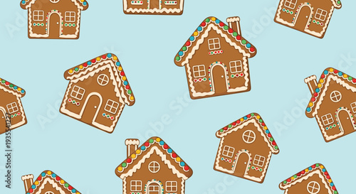 Charming winter holiday pattern featuring decorated gingerbread houses on a light blue background for festive Christmas celebrations.