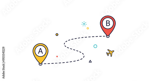 Travel route map illustration showing destination points A and B connected by a dashed line path with a small yellow airplane icon.