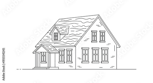Detailed black and white line art drawing of a classic two story suburban house with multiple windows and a porch.