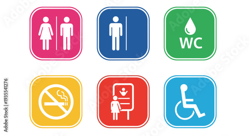 Colorful set of square public service signs including restroom symbols, no smoking, and accessibility icons for facility management.