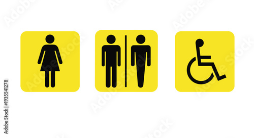 Set of three yellow square signs with black silhouettes for male and female restrooms and wheelchair accessible facilities for public.