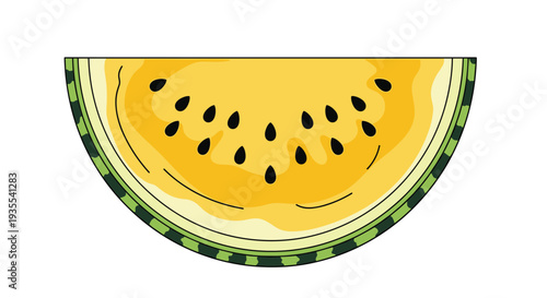 Detailed illustration of a juicy slice of yellow watermelon with black seeds and a green rind isolated on a plain white background.