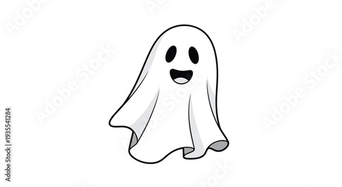 Friendly cartoon ghost with a happy expression and flowing white sheet body isolated on a clean white background for children designs.