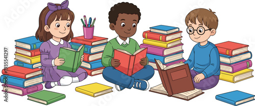 Cartoon Kids Reading Books Together Vector Illustration with School Children and Study Theme