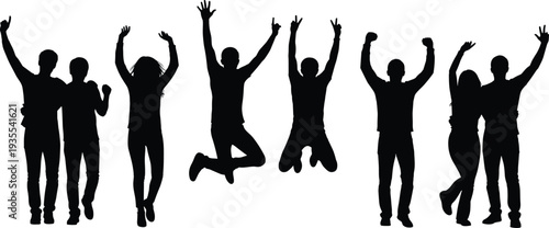 Happy people jumping silhouette collection, celebrating friends group isolated black vector illustration showing excitement freedom success party celebration