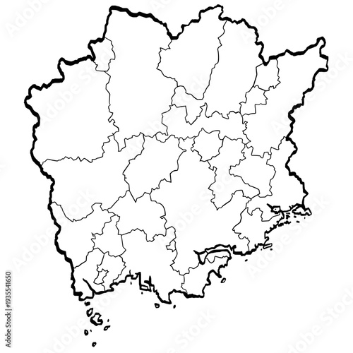 岡山県地図 筆タッチ 市町村区分 和風 四国 西日本 / A brushstroke map of Okayama prefecture 2