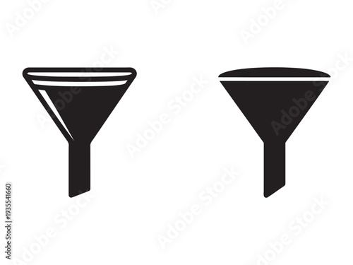 Two black funnel icons in different angles for filtration or pouring purposes