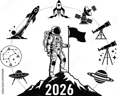 Space exploration concept 2026 astronaut standing on mountain with rockets satellites telescope planets vector illustration science technology future