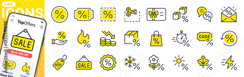 Discount and sale line icon set for e-commerce and retail marketing. Percentage symbols, coupons, promo codes, gift cards, seasonal offer. Price drop, clearance duotone web pictogram. Editable Stroke
