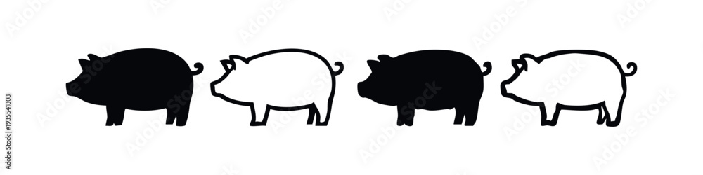 Fototapeta premium Diverse Pig Silhouettes and Outline Icons Set on White Background
