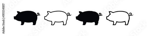 Diverse Pig Silhouettes and Outline Icons Set on White Background