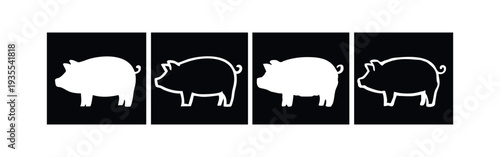 White Pig Silhouettes and Outline Icons on Black Background