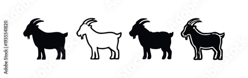 Set of four goat icons in solid black and outline styles on white background
