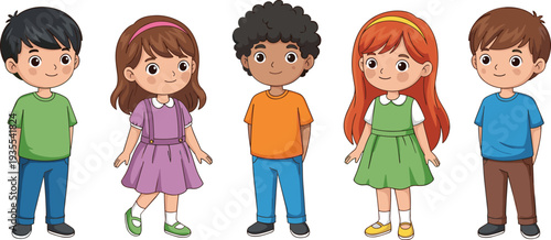 Cute Cartoon Children Standing Together Vector Illustration Set with Diverse Kids Characters