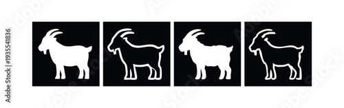 Set of four white goat icons in solid and outline styles on black rectangular backgrounds