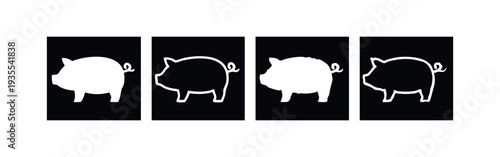 White Pig Silhouettes and Outline Icons on Black Background
