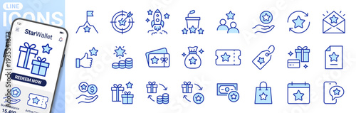 Reward and loyalty program icon set with stars, gifts, rocket, achievements. Success symbols for customer recognition, bonus points, goal targeting, membership benefits. Blue duotone line vector