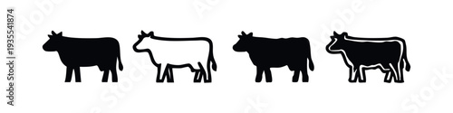 Set of four cow icons in solid black and outline styles on white background