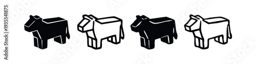 Isometric 3D style black and outline donkey or mule icons, farm animal collection