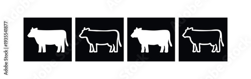 Black and white contrasting cow icons on dark background, farm animal silhouette collection