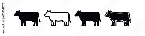 Set of black and outline cow silhouettes, farm animal icon collection