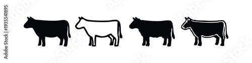 Cow Silhouette Icon Set with Solid and Outline Designs