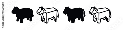 Isometric 3D block style black and outline donkey or mule icons, farm animal collection