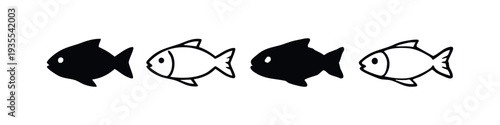 Set of four stylized fish icons in black and white, perfect for seafood and marine life themes