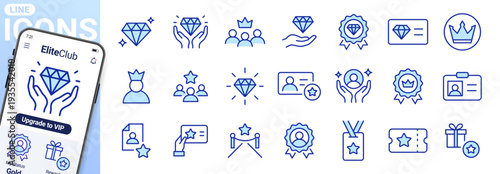VIP membership and premium rewards icon set with diamonds, crowns, ID cards, stars. Achievement symbols for exclusive status, loyalty program benefits, user recognition. Blue duotone line vector.