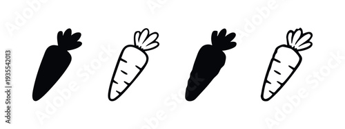 Minimalist Hand Drawn Carrot Icons Set. Simple Vector Carrot Silhouettes and Outline Symbols for Design.