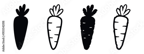 Rustic Hand Drawn Carrot Icons Set. Textured Vector Carrot Silhouettes and Outline Symbols for Design.