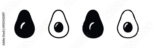Avocado Half Icons Set. Healthy Fruit Silhouette and Outline Vector.